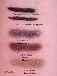 Essence Gel Eyeliner in Midnight in Paris, NYX The Curve Felt Tip Eyeliner, and NYX Roll On Shimmer in Onyx, Chestnut, and Taupe swatches 2
