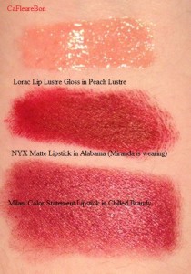 Lorac Lip Lustre Gloss in Peach Lustre, NYX Matte Lipstick in Alabama, and Milani Color Statement Lipstick in Chilled Brandy