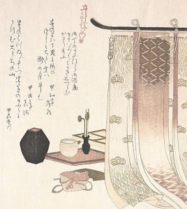 Ukiyo-e woodblock print of utensils for the Incense ceremony.  Early 19th century, Japan.  Artist Kubo Shunman
