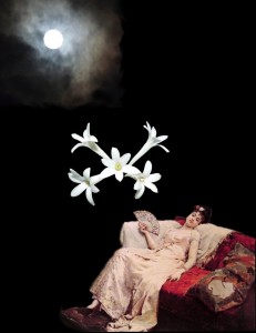 Enticing Collage composed by Anya McCoy - Super Moon over Miami and Tuberose photos by Anya McCoy - Reclining Lady by Raimundo Madrazo
