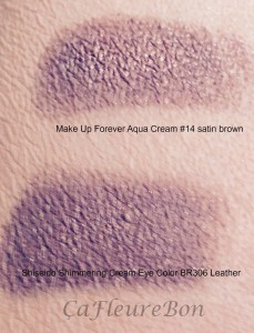 swatches MUFE aqua cream 14 and Shiseido Shimmering eye cream leather