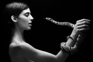 Rachele Schank with snake. Shot by photographer David Page in Paris.
