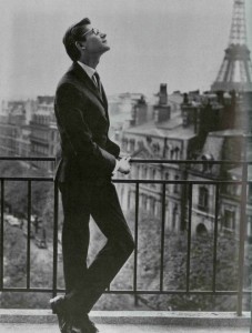 yves st laurent  1963  on the balcony of the Eiffel Tower