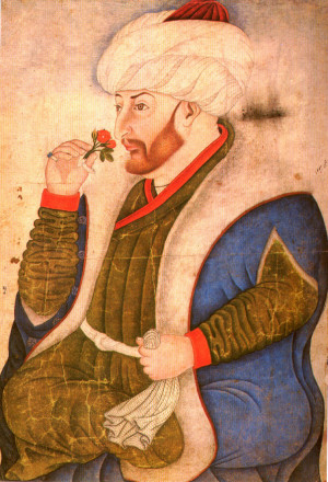 A portrait of the Ottoman Sultan Mehmet II (The Conqueror) smelling a rose