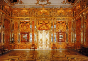 The historical Amber Room is located in the Catherine Palace near St. Petersburg