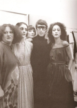 Designer Halston with models Pat Cleveland and Anjelica Huston, 1970s