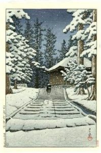 hasui-japanese-woodblock-print-long-steps-to-konjikido-snow-temple-1957