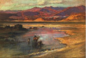 frederick-arthur-bridgeman-crossing-an-oasis-with-the-atlas-mountains-in-the-distance-morocco