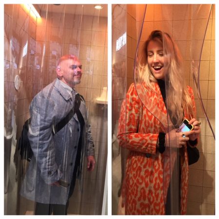 John Biebel and Victoria Evans of The Perfume Society in shower cubicles at the LUSH Perfumes Event in Florence