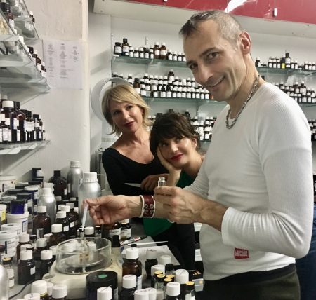 Elizabeth Gaynes, Helena Christensen and Christophe Laudamiel in the Lab