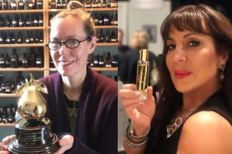 Dawn Spencer Hurwitz won the Art and Olfaction Award for Colorado for American Perfumer and Michelyn Camen Editor in Chief of CaFleureBon holding the fragrance at Esxence 2019