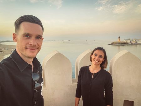 Amouage Creative Director Renaud Salmon and perfumer Cecil Cécile Zarokian selfie in Sur, Oman