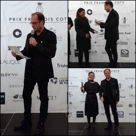 Prix François Coty 2021 winner Fabrice Pellegrin making his speech; being presented by Véronique Coty; accepting his award from Shyamala Maisondieu
