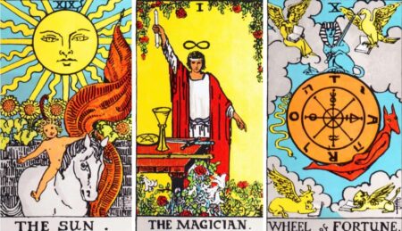 Rider-Waite tarot deck The Sun, the Wheel of Fortune, The Magician (Le Bateleur)