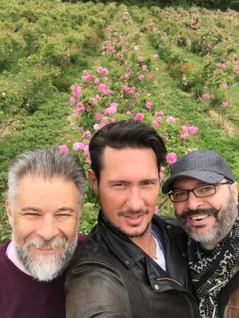 Alessandro Brun, Riccardo Tedeschi, and Ermano Picco in the May roses fields in Grasse 2018